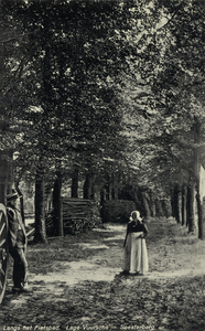 15233 Gezicht in een laan in het bos te Lage Vuursche (gemeente Baarn); met een vrouw in klederdracht.